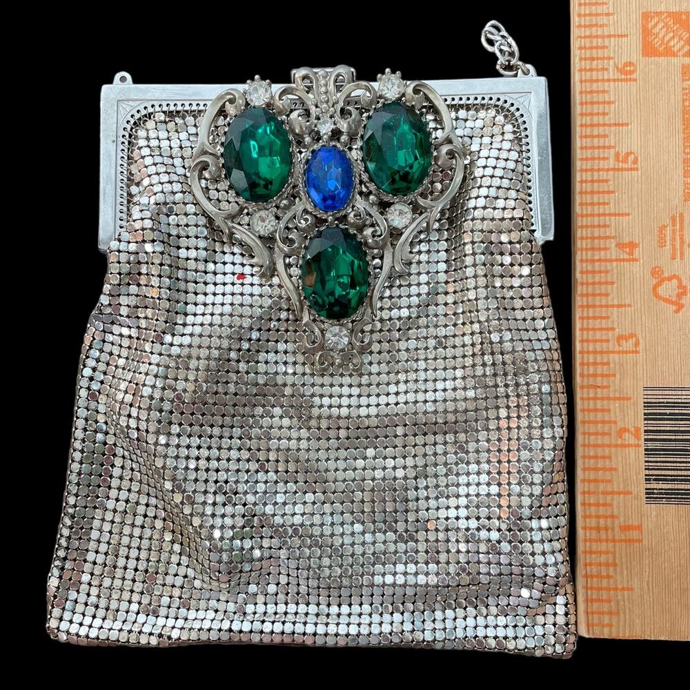 Vintage Whiting & Davis Silver Metal Mesh Evening Bag Jeweled Clasp Rare READ